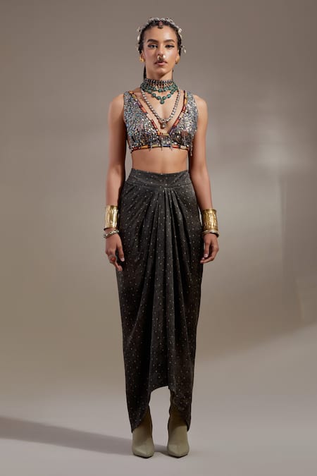 Buy_Aseem Kapoor_Gray Silk Beads, Tassels, Embroidery V-neck Haya V Blouse _Online_at_Aza_Fashions