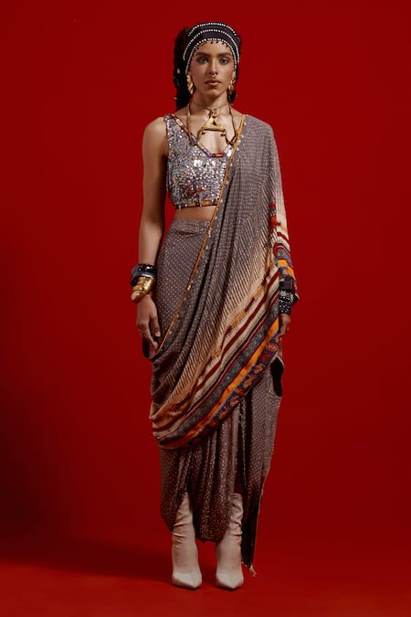 Aseem Kapoor_Gray Crepe Sequins, Beads, Tassels Sweetheart Sadhvi Draped Saree With Blouse _Online_at_Aza_Fashions