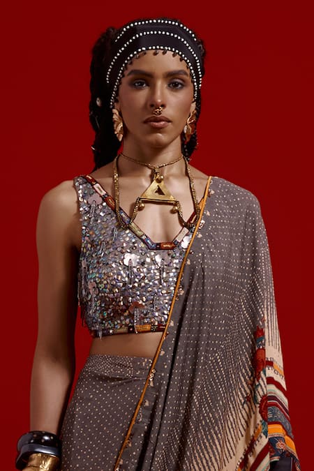 Buy_Aseem Kapoor_Gray Crepe Sequins, Beads, Tassels Sweetheart Sadhvi Draped Saree With Blouse _Online_at_Aza_Fashions