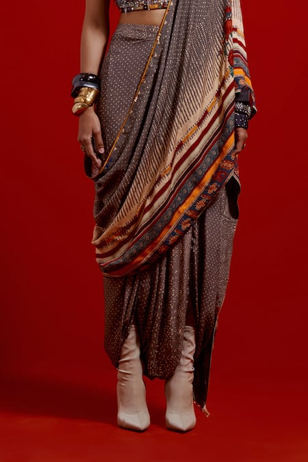 Shop_Aseem Kapoor_Gray Crepe Sequins, Beads, Tassels Sweetheart Sadhvi Draped Saree With Blouse _Online_at_Aza_Fashions