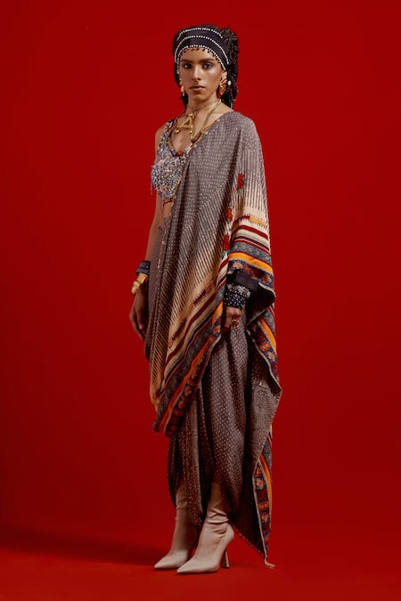 Aseem Kapoor_Gray Crepe Sequins, Beads, Tassels Sweetheart Sadhvi Draped Saree With Blouse _at_Aza_Fashions