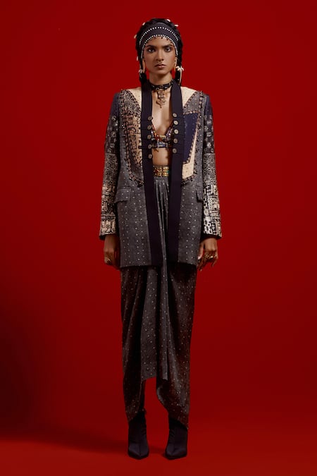 Aseem Kapoor Gray Satin Embroidery, Beads, Tassels Open Neck, Dhana Jacket And Skirt Set Online at Aza Fashions Aseem Kapoor_Gray Satin Embroidery, Beads, Tassels Open Neck, Dhana Jacket And Skirt Set _Online_at_Aza_Fashions