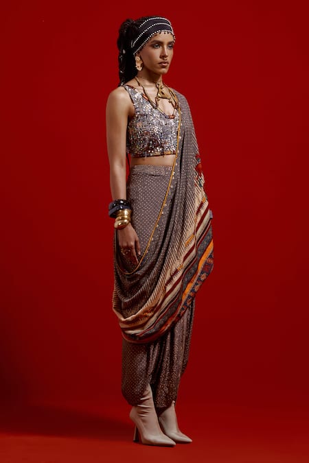 Buy_Aseem Kapoor_Gray Crepe Sequins, Beads, Tassels Sweetheart Sadhvi Draped Saree With Blouse 