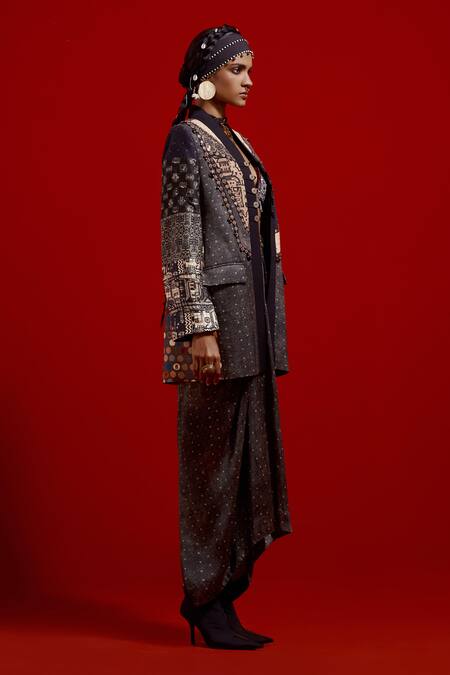 Shop Aseem Kapoor Gray Satin Embroidery, Beads, Tassels Open Neck, Dhana Jacket And Skirt Set Online at Aza Fashions Shop_Aseem Kapoor_Gray Satin Embroidery, Beads, Tassels Open Neck, Dhana Jacket And Skirt Set _Online_at_Aza_Fashions