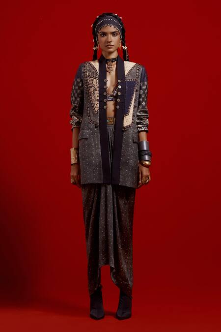 Aseem Kapoor Gray Satin Embroidery, Beads, Tassels Open Neck, Dhana Jacket And Skirt Set at Aza Fashions Aseem Kapoor_Gray Satin Embroidery, Beads, Tassels Open Neck, Dhana Jacket And Skirt Set _at_Aza_Fashions