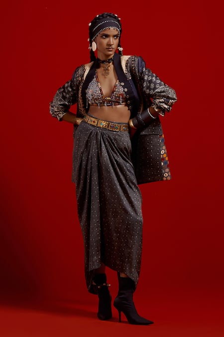 Buy Aseem Kapoor Gray Satin Embroidery, Beads, Tassels Open Neck, Dhana Jacket And Skirt Set Buy_Aseem Kapoor_Gray Satin Embroidery, Beads, Tassels Open Neck, Dhana Jacket And Skirt Set