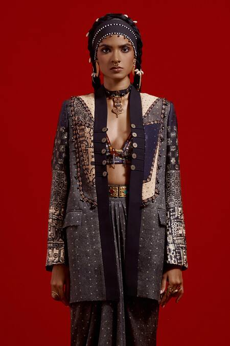 Shop Aseem Kapoor Gray Satin Embroidery, Beads, Tassels Open Neck, Dhana Jacket And Skirt Set Shop_Aseem Kapoor_Gray Satin Embroidery, Beads, Tassels Open Neck, Dhana Jacket And Skirt Set