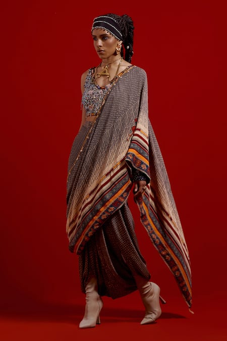 Aseem Kapoor_Gray Beads, Embroidery, Tassels V-neck Haya Sleeveless Blouse _Online_at_Aza_Fashions