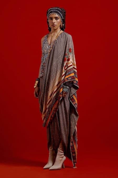 Aseem Kapoor_Gray Crepe Embroidery, Beads, Tassels Sadhvi Print Draped Saree _Online_at_Aza_Fashions