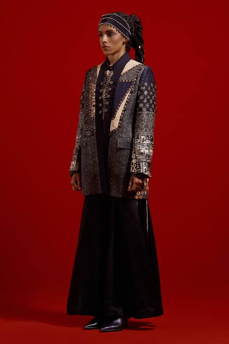 Aseem Kapoor_Gray Satin, Crepe, Silk Embroidery, Beads Open Neck, Dhana Jacket And Trouser Set _Online_at_Aza_Fashions