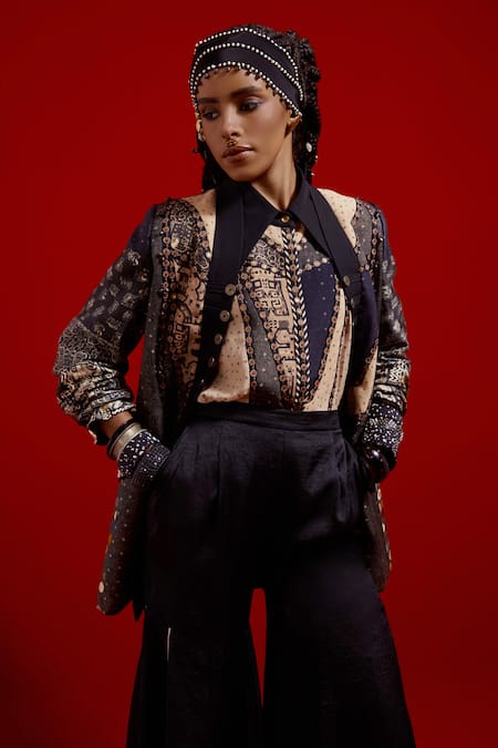 Buy_Aseem Kapoor_Gray Satin, Crepe, Silk Embroidery, Beads Open Neck, Dhana Jacket And Trouser Set _Online_at_Aza_Fashions