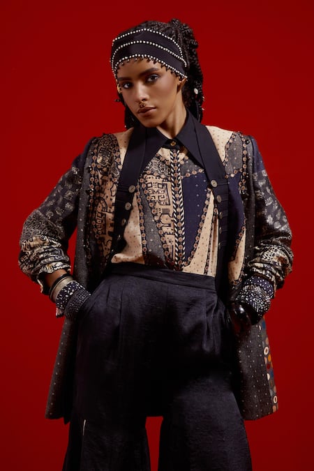 Shop_Aseem Kapoor_Gray Satin, Crepe, Silk Embroidery, Beads Open Neck, Dhana Jacket And Trouser Set _Online_at_Aza_Fashions