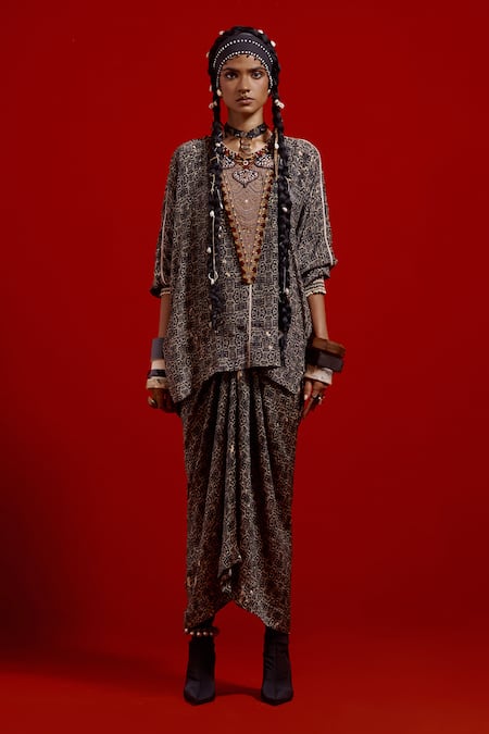 Aseem Kapoor Gray Crepe, Satin Embroidery, Beads, Tassels Kuru Trapeze Kurta And Skirt Set Online at Aza Fashions Aseem Kapoor_Gray Crepe, Satin Embroidery, Beads, Tassels Kuru Trapeze Kurta And Skirt Set _Online_at_Aza_Fashions