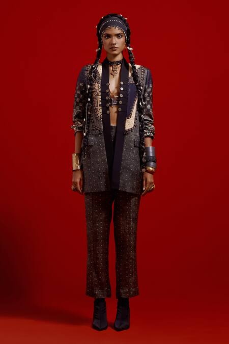 Aseem Kapoor_Gray Satin Embroidery, Beads, Tassels Open Neck, Dhana Jacket And Trouser Set _Online_at_Aza_Fashions