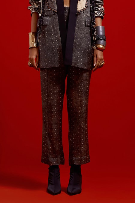 Buy_Aseem Kapoor_Gray Satin Embroidery, Beads, Tassels Open Neck, Dhana Jacket And Trouser Set _Online_at_Aza_Fashions