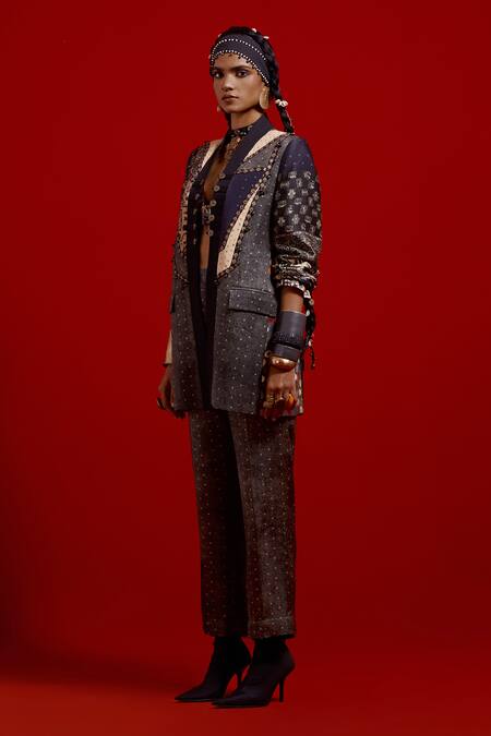 Aseem Kapoor_Gray Satin Embroidery, Beads, Tassels Open Neck, Dhana Jacket And Trouser Set _at_Aza_Fashions