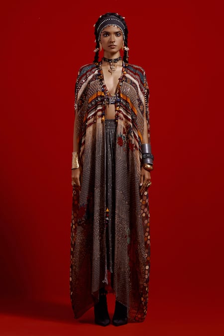 Aseem Kapoor_Gray Silk, Crinkle, Satin Embroidery, Tassels, Ritu Kaftan Jacket And Skirt Set _Online_at_Aza_Fashions