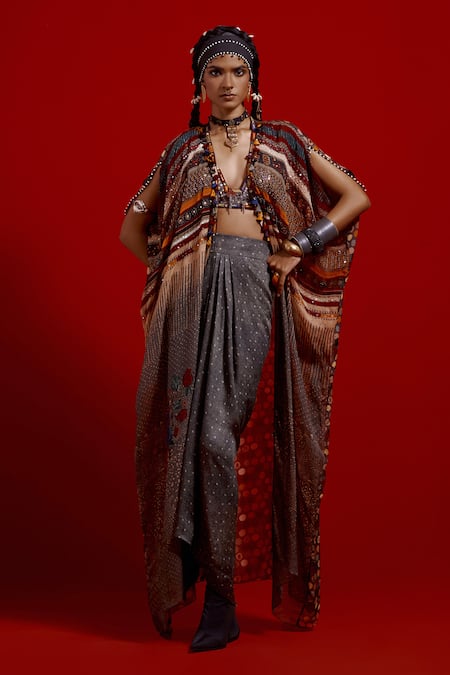 Shop_Aseem Kapoor_Gray Silk, Crinkle, Satin Embroidery, Tassels, Ritu Kaftan Jacket And Skirt Set _Online_at_Aza_Fashions