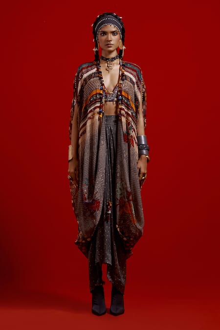 Buy_Aseem Kapoor_Gray Silk, Crinkle, Satin Embroidery, Tassels, Ritu Kaftan Jacket And Skirt Set 