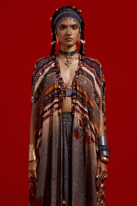 Shop_Aseem Kapoor_Gray Silk, Crinkle, Satin Embroidery, Tassels, Ritu Kaftan Jacket And Skirt Set 