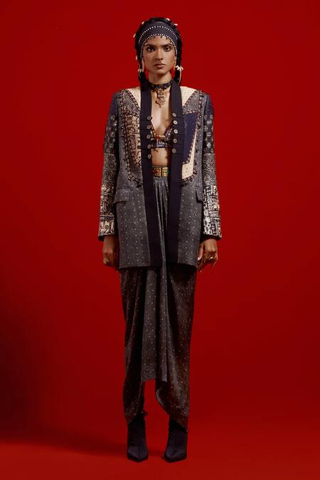 Aseem Kapoor_Gray Satin Embroidery, Beads, Tassels V-neck Open Dhana Printed Jacket _Online_at_Aza_Fashions