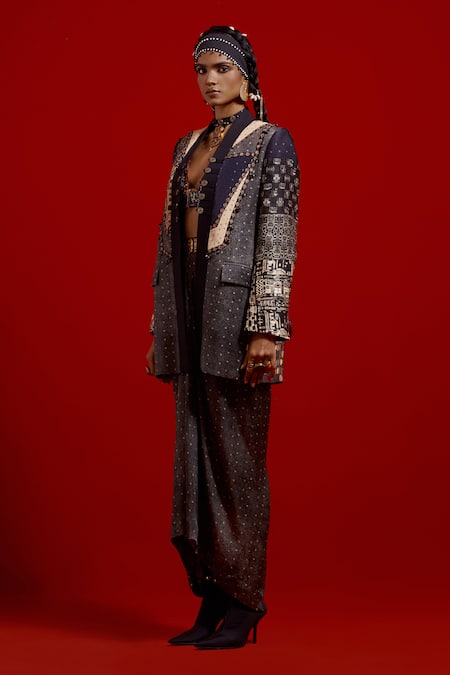 Buy_Aseem Kapoor_Gray Satin Embroidery, Beads, Tassels V-neck Open Dhana Printed Jacket _Online_at_Aza_Fashions