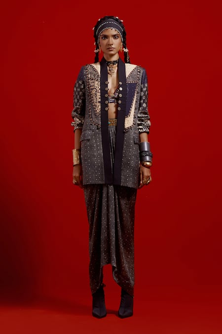 Aseem Kapoor_Gray Satin Embroidery, Beads, Tassels V-neck Open Dhana Printed Jacket _at_Aza_Fashions