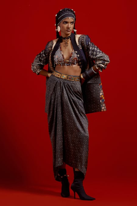 Buy_Aseem Kapoor_Gray Satin Embroidery, Beads, Tassels V-neck Open Dhana Printed Jacket 