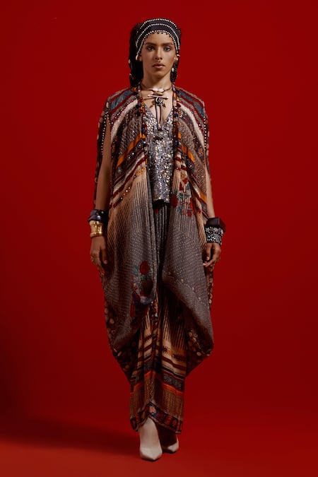 Aseem Kapoor_Gray Silk, Crinkle, Satin Tassels, Ritu Kaftan Jacket And Draped Skirt Set _Online_at_Aza_Fashions