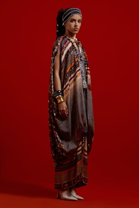 Shop_Aseem Kapoor_Gray Silk, Crinkle, Satin Tassels, Ritu Kaftan Jacket And Draped Skirt Set _Online_at_Aza_Fashions