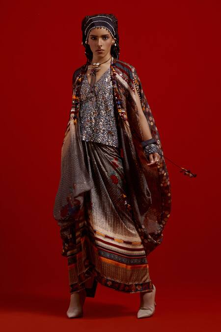 Aseem Kapoor_Gray Silk, Crinkle, Satin Tassels, Ritu Kaftan Jacket And Draped Skirt Set _at_Aza_Fashions