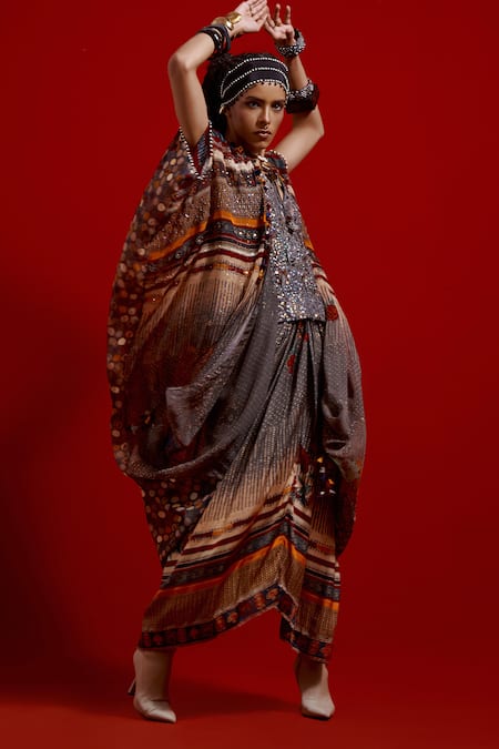 Buy_Aseem Kapoor_Gray Silk, Crinkle, Satin Tassels, Ritu Kaftan Jacket And Draped Skirt Set 