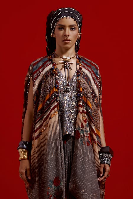 Shop_Aseem Kapoor_Gray Silk, Crinkle, Satin Tassels, Ritu Kaftan Jacket And Draped Skirt Set 