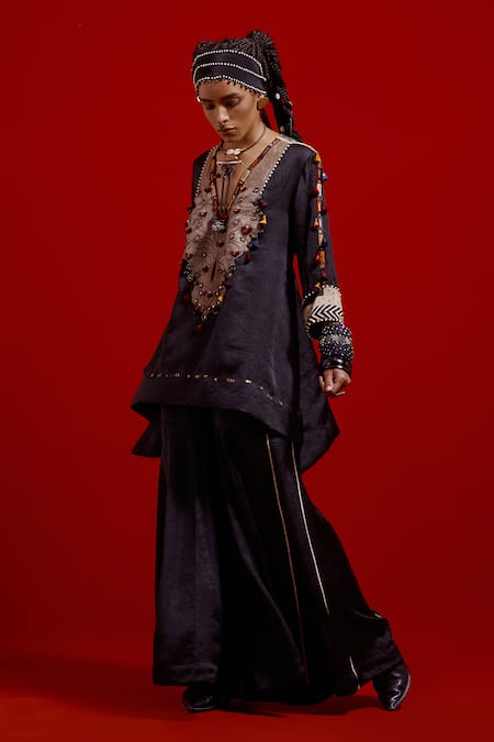 Aseem Kapoor Black Silk Embroidery, Beads, Tassels, Piping Mitra Short Kurta And Sharara Set 