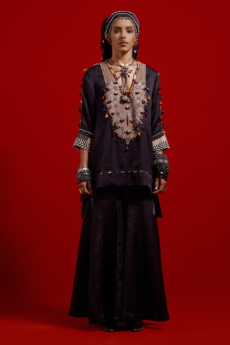 Aseem Kapoor Black Silk Embroidery, Beads, Tassels, Piping Mitra Short Kurta And Sharara Set Online at Aza Fashions Aseem Kapoor_Black Silk Embroidery, Beads, Tassels, Piping Mitra Short Kurta And Sharara Set _Online_at_Aza_Fashions