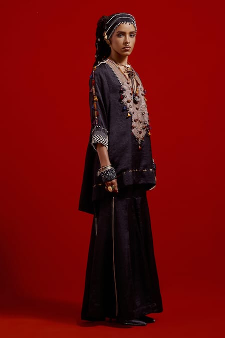 Shop Aseem Kapoor Black Silk Embroidery, Beads, Tassels, Piping Mitra Short Kurta And Sharara Set Online at Aza Fashions Shop_Aseem Kapoor_Black Silk Embroidery, Beads, Tassels, Piping Mitra Short Kurta And Sharara Set _Online_at_Aza_Fashions