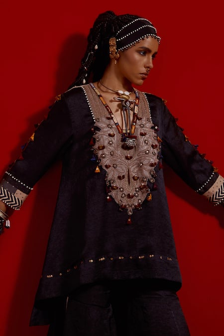 Aseem Kapoor Black Silk Embroidery, Beads, Tassels, Piping Mitra Short Kurta And Sharara Set at Aza Fashions Aseem Kapoor_Black Silk Embroidery, Beads, Tassels, Piping Mitra Short Kurta And Sharara Set _at_Aza_Fashions