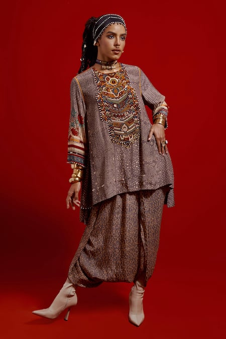 Aseem Kapoor Gray Crepe Embroidery, Beads, Tassels Mitra Short Kurta And Draped Trouser Set 