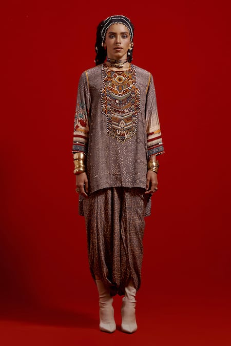 Aseem Kapoor Gray Crepe Embroidery, Beads, Tassels Mitra Short Kurta And Draped Trouser Set Online at Aza Fashions Aseem Kapoor_Gray Crepe Embroidery, Beads, Tassels Mitra Short Kurta And Draped Trouser Set _Online_at_Aza_Fashions