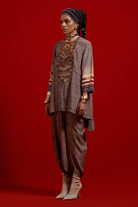 Buy Aseem Kapoor Gray Crepe Embroidery, Beads, Tassels Mitra Short Kurta And Draped Trouser Set Online at Aza Fashions Buy_Aseem Kapoor_Gray Crepe Embroidery, Beads, Tassels Mitra Short Kurta And Draped Trouser Set _Online_at_Aza_Fashions