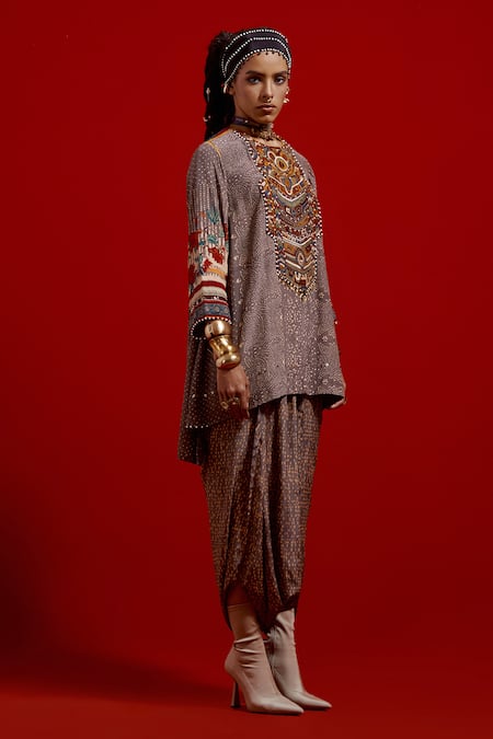Shop Aseem Kapoor Gray Crepe Embroidery, Beads, Tassels Mitra Short Kurta And Draped Trouser Set Online at Aza Fashions Shop_Aseem Kapoor_Gray Crepe Embroidery, Beads, Tassels Mitra Short Kurta And Draped Trouser Set _Online_at_Aza_Fashions