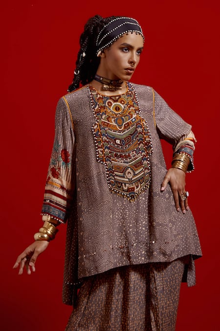 Aseem Kapoor Gray Crepe Embroidery, Beads, Tassels Mitra Short Kurta And Draped Trouser Set at Aza Fashions Aseem Kapoor_Gray Crepe Embroidery, Beads, Tassels Mitra Short Kurta And Draped Trouser Set _at_Aza_Fashions