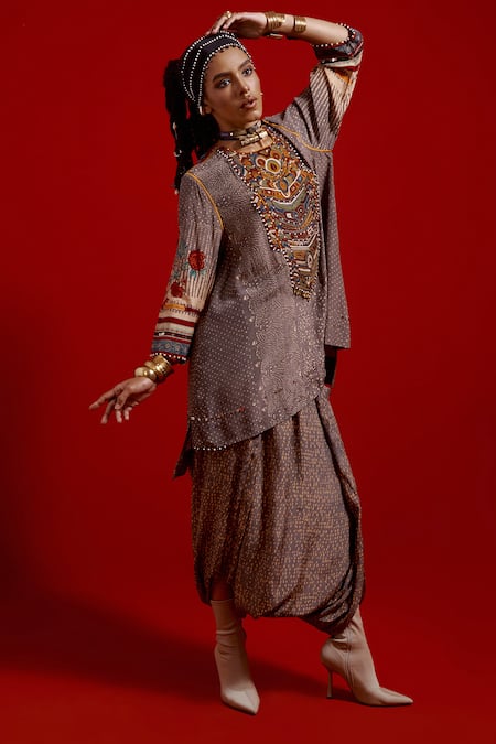 Buy Aseem Kapoor Gray Crepe Embroidery, Beads, Tassels Mitra Short Kurta And Draped Trouser Set Buy_Aseem Kapoor_Gray Crepe Embroidery, Beads, Tassels Mitra Short Kurta And Draped Trouser Set