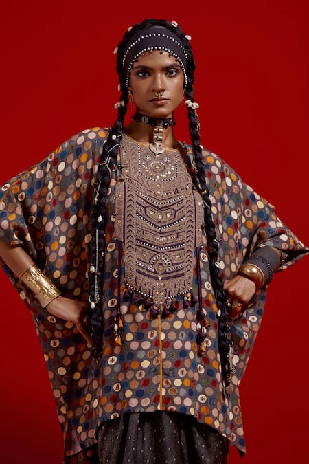 Aseem Kapoor Gray Crepe, Satin Embroidery, Beads, Tassels Kuru Trapeze Kurta And Skirt Set at Aza Fashions Aseem Kapoor_Gray Crepe, Satin Embroidery, Beads, Tassels Kuru Trapeze Kurta And Skirt Set _at_Aza_Fashions