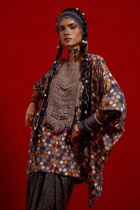 Buy Aseem Kapoor Gray Crepe, Satin Embroidery, Beads, Tassels Kuru Trapeze Kurta And Skirt Set Buy_Aseem Kapoor_Gray Crepe, Satin Embroidery, Beads, Tassels Kuru Trapeze Kurta And Skirt Set