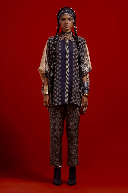 Buy_Aseem Kapoor_Beige Crepe, Satin Embroidery Collared Mandala Shirt And Pant Set _Online_at_Aza_Fashions