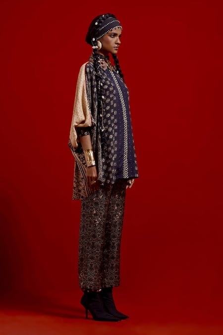 Aseem Kapoor_Beige Crepe, Satin Embroidery Collared Mandala Shirt And Pant Set _at_Aza_Fashions