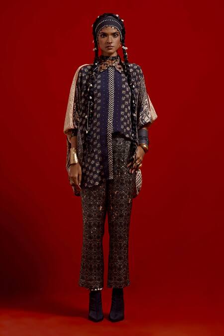 Buy_Aseem Kapoor_Beige Crepe, Satin Embroidery Collared Mandala Shirt And Pant Set 