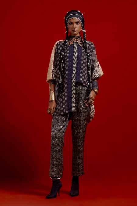 Shop_Aseem Kapoor_Beige Crepe, Satin Embroidery Collared Mandala Shirt And Pant Set 