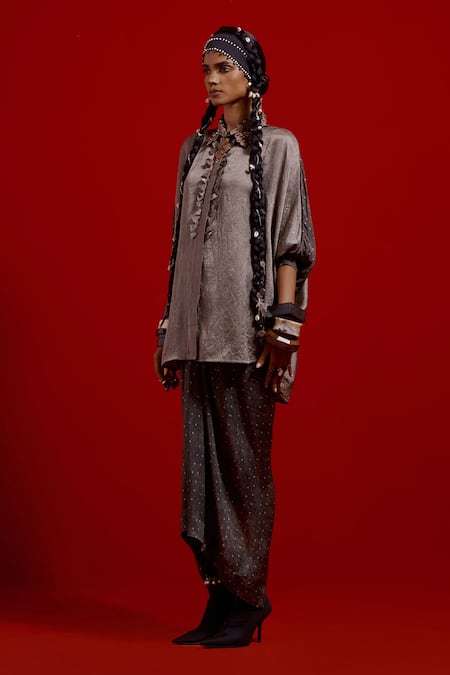 Buy_Aseem Kapoor_Gray Silk, Satin Embroidery, Ruffles Collared Mandala Shirt And Draped Skirt Set _Online_at_Aza_Fashions